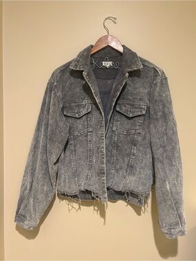 POL Women 100% Cotton Washed Gray Corduroy Crop Fray Jacket Size Small